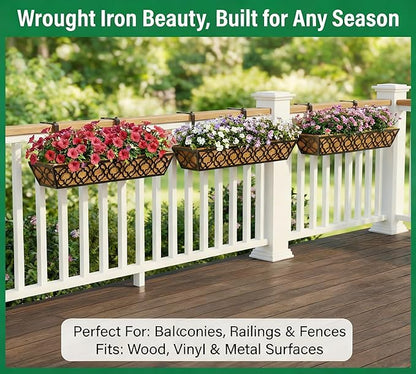 Y&M 4pcs 30" Horse Trough Window Boxes with Coconut Coir Liner, Black Metal Hanging Flower Planter Deck Railing Planter Boxes for Outdoor Indoor