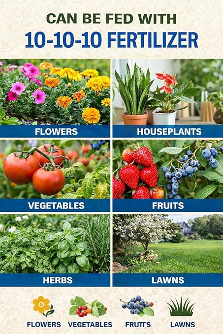 10-10-10 General All Purpose Fertilizer for Flowers and Vegetable Beds - Raised Garden Beds - Safe for Fruits, Lawns, Grass - Promotes Soil Heath and Growth - 50 Pound Bag