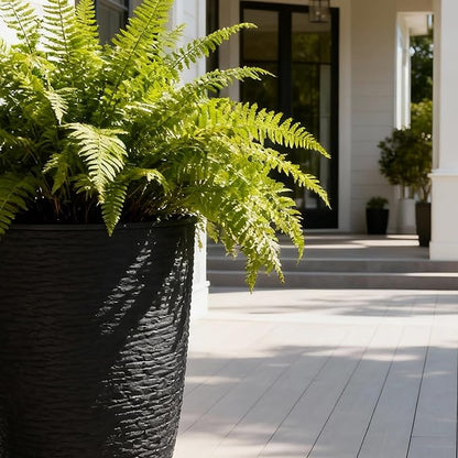 WORTH Garden 2-Pack 21" H. Black Tall Planters with Inside Pots - 14'' Dia Plastic Large Round Plant Tree Pots - Decorative Imitation Stone Finish for Indoor Outdoor Front Porch Container Patio