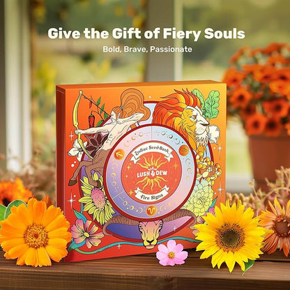 Lush&Dew Zodiac Garden Seed Bank, Gardening Gifts for Women Men, 12 Varieties Non-GMO Heirloom Vegetables Flower Seeds, Witchcraft Supplies with Moon Calendar for Fire Signs, USDA Zone 3-11