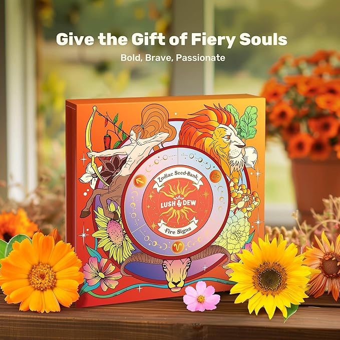 Lush&Dew Gardening Gifts for Women Men, Zodiac Garden Seed Bank, 12 Varieties Non-GMO Heirloom Vegetables Flower Seeds, Hand Craft Storage Box with Moon Calendar for Fire Signs, USDA Zone 3-11