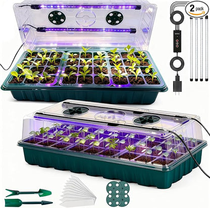 Seed Starter Tray with Grow Light, 2 Pack 72 Cells Seed Germination Kit with Humidity Dome, Adjustable Brightness Plant Germination Tray for Herb, Indoor Seedling Starter Trays for Gardening