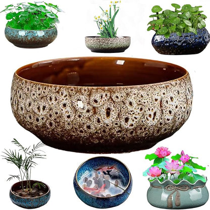 Lotus Bowl Planter, Decorative Ceramic Plant Pots with Moisture-Multifunctional Design, Succulents Orchids Indoor Plants, Thickened Round Planter for Home Desk & Shelf Decor (Yellow)