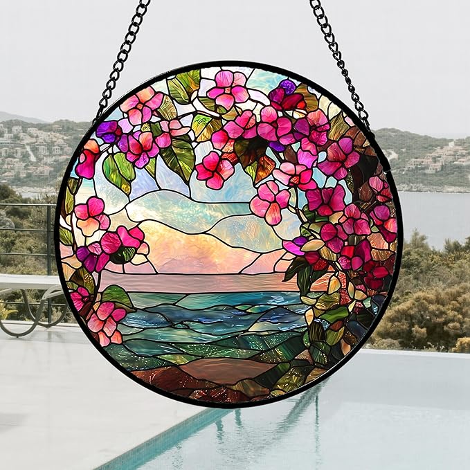Stained Glass Window Hanging, Purple Flower Landscape Wreath Sun Catcher for Door Home Decor Plants Suncatcher Christmas Mother's Day Birthday Gifts for Women Men Mom Nana 11.8 in