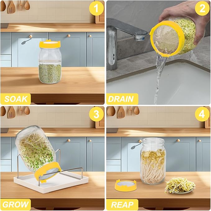 Lulonpon Sprouting Lids Growing Kit, Screen Sprout Lids with Stand, Sprouting jar kit for Sprouting, Sprouting Bean Seeds, Sprouting Kit
