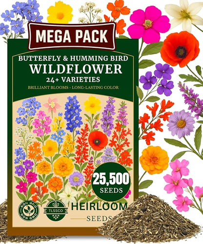 25450+ Wildflower Seeds, Pack for 2026 USA Premium Non-GMO Butterfly & Humming Bird Mixture Seeds - 1 Oz - 24 Open Pollinated Annual and Perennial Species - Bulk Pack