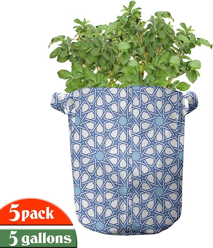 Ambesonne Pink and Orange Grow Bags 5-Pack, Polka Dots Design, Heavyduty Fabric Pots with Handles for Plants, Pink Orange