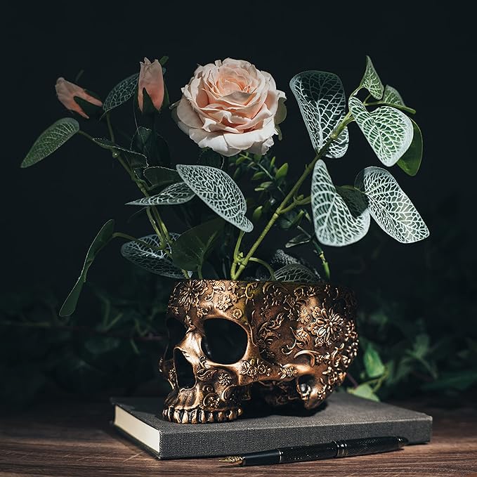 Bronze Skull Planter Pot 6 Inch Skeleton Head Pot for Succulents Flowers, & Bowl Dish Gothic Decor for Garden Home Parties Haunted House Spooky Black Display Halloween Skull Flower Pot Decoration Gift