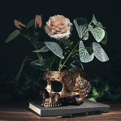 Bronze Skull Planter Pot 6 Inch Skeleton Head Pot for Succulents Flowers, & Bowl Dish Gothic Decor for Garden Home Parties Haunted House Spooky Black Display Halloween Skull Flower Pot Decoration Gift