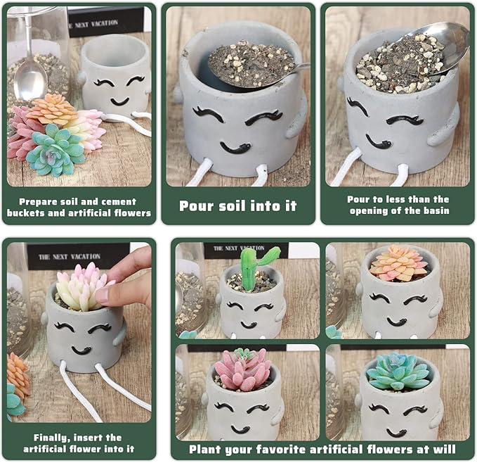 Uguisu 1 Piece Gray Cute Smiley Cement Planter, Small Plant Pot, Indoor Succulent Pot, Fun Planter with Hanging Feet for Living Room, Office, Desk and Bathroom Shelf Decor (Plants Not Included).