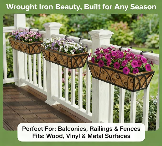 Y&M 24 Inch Window Deck with Coco Liner, Fence Metal Hanging Flower Planter Window Basket Deck Railing Planter Boxes for Outdoor Garden Lawn-Butterfly, 2pcs