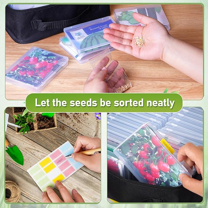 FACULX 24 Slots Seed Storage Organizer Box with Dual Zipper Bag, 100 Pcs Seed Sealed Bag and 80 Pcs Label Stickers,Seed Storage Container for Garden Vegetable Flower Plants Seeds Saving