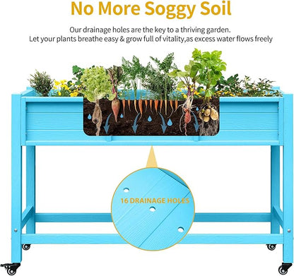 DWVO 47x18x31in Raised Garden Bed HDPE, Weather-Resistant Poly Wood Planter Box Stand, Planter Box with Legs & Lockable Wheels, Elevated Garden Bed for Backyard Patio Balcony - Aruba Blue