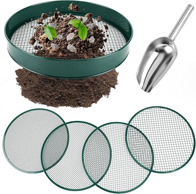 Soil Sifter for Gardening, 12" Green Soil Sifter Potting Sieve with Shovel and 4 Fine Screens for Sand Dirt, Sand, Rock, Filtration, Compost and Bonsai (5 IN1)