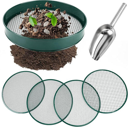 Soil Sifter for Gardening, 12" Green Soil Sifter Potting Sieve with Shovel and 4 Fine Screens for Sand Dirt, Sand, Rock, Filtration, Compost and Bonsai (5 IN1)