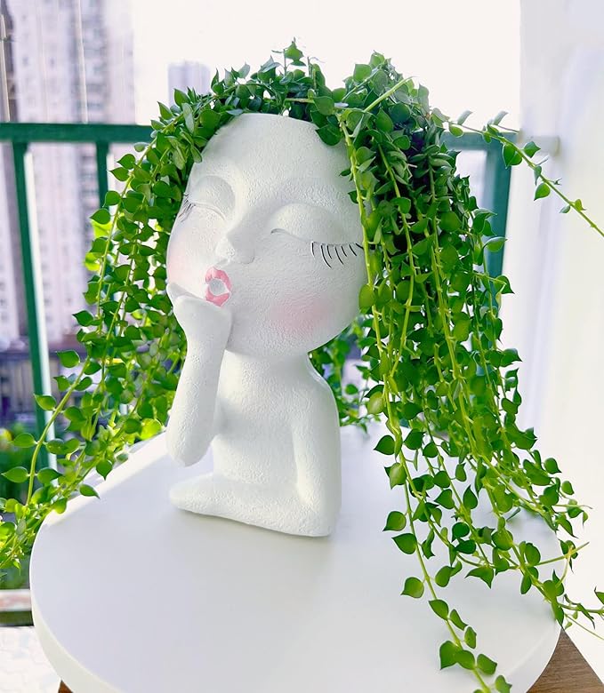 Handmade Face Flower Pots Standing Air Kiss Head Planter Pot for Trailing Plants Cute Succulent Planter Resin Planters Funny Face Planters with Anti-Friction Pads White 1Pack