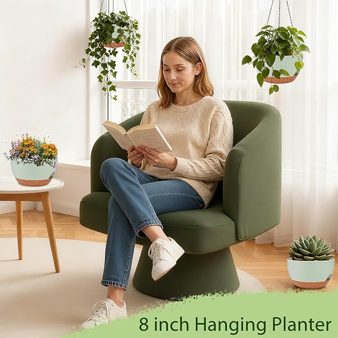 Set of 4-8 Inch Self Watering Hanging Planters for Indoor Outdoor，Hanging Plant Pots with Drainage & Removable Tray, Hanging Pots Holder for Ivy, Pothos, Ferns, Balcony & Patio, Green Brown