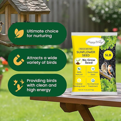 Happy Wings Black Oil Sunflower Seeds for Wild Birds 5 lbs- Combo Pack of 2 I No Grow Seed I High-Energy Bird Food Ideal for Finches, Sparrows, and More I All Year-Round Feeding.