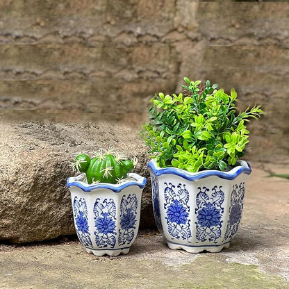 Ceramic Pots for Plants, Chinoiserie Décor Ceramic Flower Pots Planters for Indoor Plants with Drainage, Blue and White, Set of 3