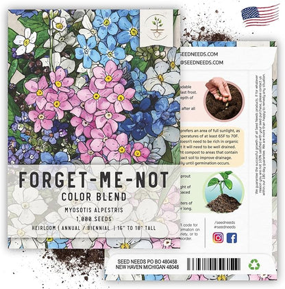 Seed Needs, Mixed Forget Me Not Seeds - 1,000 Heirloom Seeds for Planting Myosotis alpestris - Pink Blue & White Blooms, Open Pollinated & Pollinator Friendly (5 Packs)