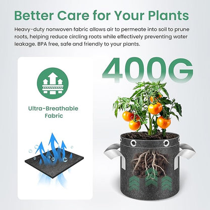 InfiniPower 10 Pack 3 Gallon Plant Grow Bags, 400G Thick Nonwoven Fabric Pots with Multi-Purpose Rings and Handles, Reusable for Low Stress Plant Training Fruits, Vegetables and Flowers
