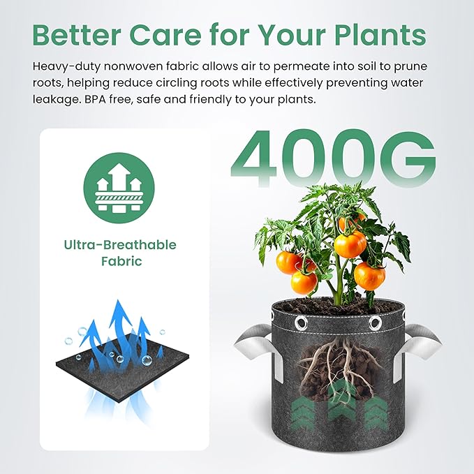 InfiniPower 10 Gallon 5 Pack Plant Grow Bags, 400G Thick Nonwoven Fabric Pots with Multi-Purpose Rings and Handles, Reusable for Low Stress Plant Training Fruits, Vegetables and Flowers
