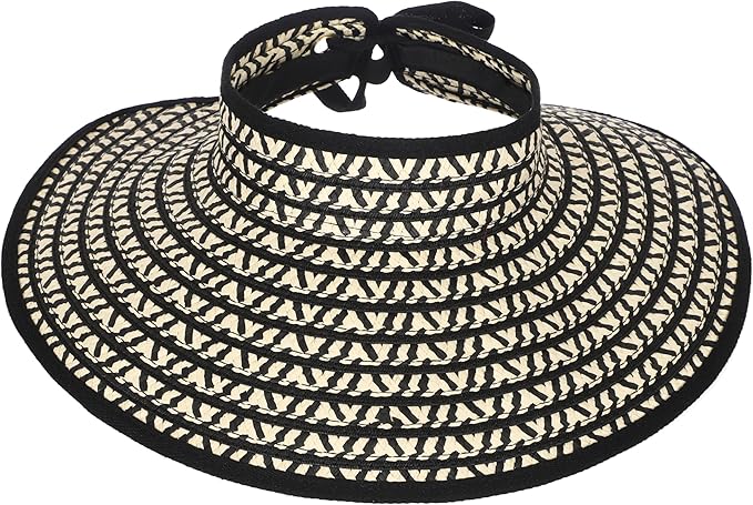 Womens Beach Straw Sun Hats Ponytail Hole Wide Brim Summer Visor Foldable Hat Sun Protection Packable for Travel Pool