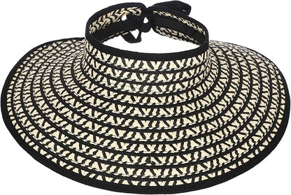 Womens Beach Straw Sun Hats Ponytail Hole Wide Brim Summer Visor Foldable Hat Sun Protection Packable for Travel Pool