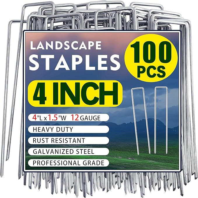 100 Pack Landscape Staples 4 Inch Garden Stakes Galvanized Garden Staples Pins Anti-Rust Ground Stakes for Weed Barrier, Irrigation Tubing, Landscaping Fabric, Yard Lawn
