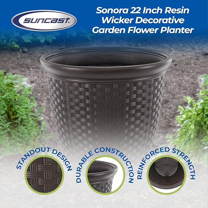 Suncast Sonora 4 Pack 22 Inch Plastic Wicker Indoor or Outdoor Decorative Garden Flower Planter for Entryways, Porch, and Backyard Patios, Dark Brown