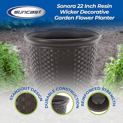 Suncast Sonora 4 Pack 22 Inch Plastic Wicker Indoor or Outdoor Decorative Garden Flower Planter for Entryways, Porch, and Backyard Patios, Dark Brown