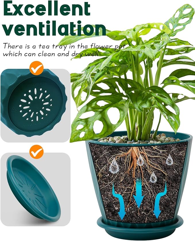6 Inch Indoor Planter Pots with Drainage Hole and Tray Saucer,Flower Pots for Indoor Outdoor Garden Plants and Flowers, Multicolor, 4 Packs