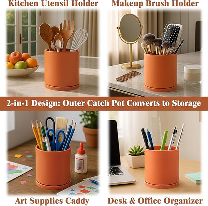 D'vine Dev Double-Layer Planter Set – Rotating Plastic Cachepot with Clear Inner Liner for Root Health, Perfect for Indoor Plants, 6.5", Pumpkin, 73-U-E-2