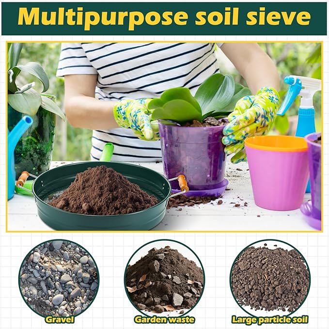 Soil Sifter for Gardening with 1, 3, 6, 9, 12 mm Sieve Mesh Compost Dirt Sifter with Handle Large Garden Sand Soil Rock Sieve 17.7" l x 13.8" W for Sand Rocks Pellet Gravel (Green)