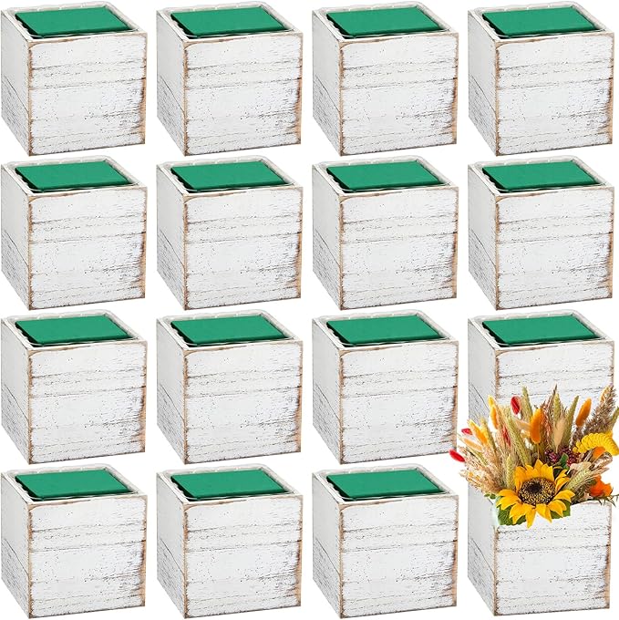Dandat 18 Sets Wooden Cube Planter Boxes for Centerpiece 4 Inch Flower White Wood Rustic Square Vase with Removable Plastic Liner Floral Foam Block for Garden Wedding Home Arrangement Decor