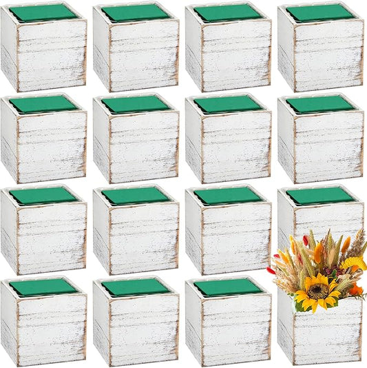 Dandat 18 Sets Wooden Cube Planter Boxes for Centerpiece 4 Inch Flower White Wood Rustic Square Vase with Removable Plastic Liner Floral Foam Block for Garden Wedding Home Arrangement Decor