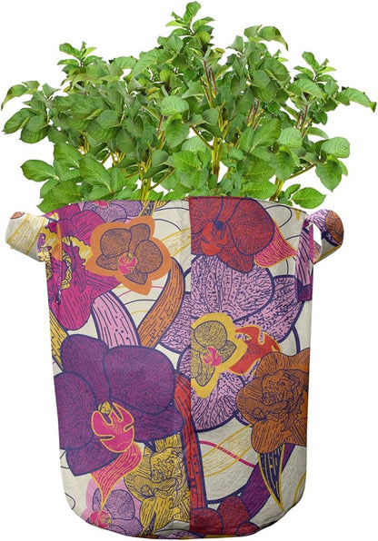 Ambesonne Colorful Grow Bags 5-Pack, Vibrant Vintage Orchid, Heavyduty Fabric Pots with Handles for Plants, Purple Lilac