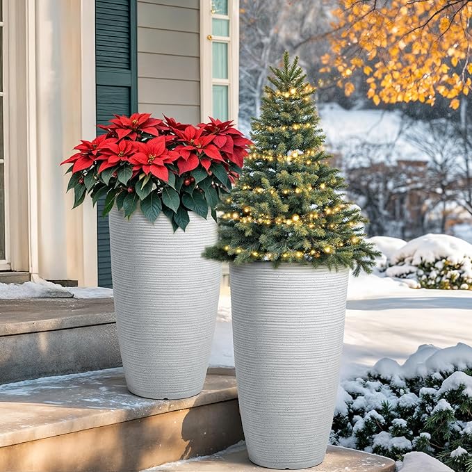 23.5" H Tall Pot Planters, 2-Pack Taper Large Flower Pots for Indoor Outdoor Use, UV-Protect PP Plant Container for Garden Patio Yard Balcony Porch or Home Decor, White Vertical Stripes Texture
