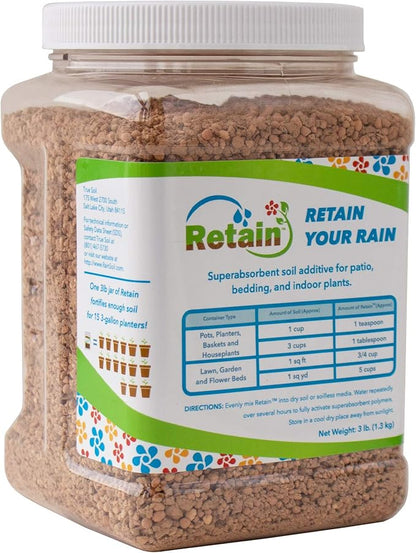 Retain by Rain Soil – 3 Lb – Water Holding Polymer Crystals Soil Additive – Stores Up to 15 Gallons of Water for House & Garden Plants, Lawn & Garden, Hanging Baskets