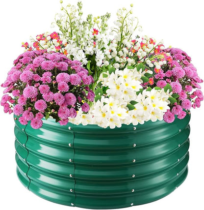 17" Tall Elevated Round Metal Rised Garden Bed- 2.7'x2.7' in Size and 0.8MM Thick Durable Planter Box for Vegetables Flowers Succulent at Patio/Garden Outdoor (Dark Green, 2.7FT Diameter)