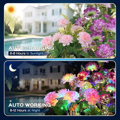 4 Pack Solar Garden Lights Outdoor, LED Colorful Waterproof Solar Powered Chrysanthemum Flowers Landscape Lights for Patio, Outside Yard, Pathway Decorative, Décor, Gifts, Two Lighting Modes