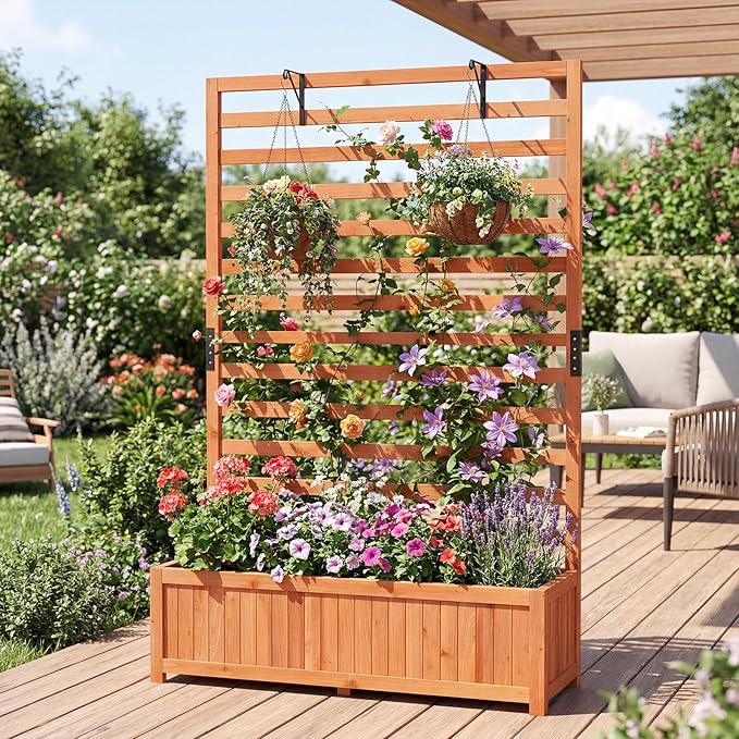 HAPPYGRILL Raised Garden Bed with Trellis, 59" Tall Wooden Elevated Planter Box w/Liner, Drainage, Detachable Base Panel for Climbing Plant Vine Flower, Outdoor Planter w/Trellis for Patio (1)