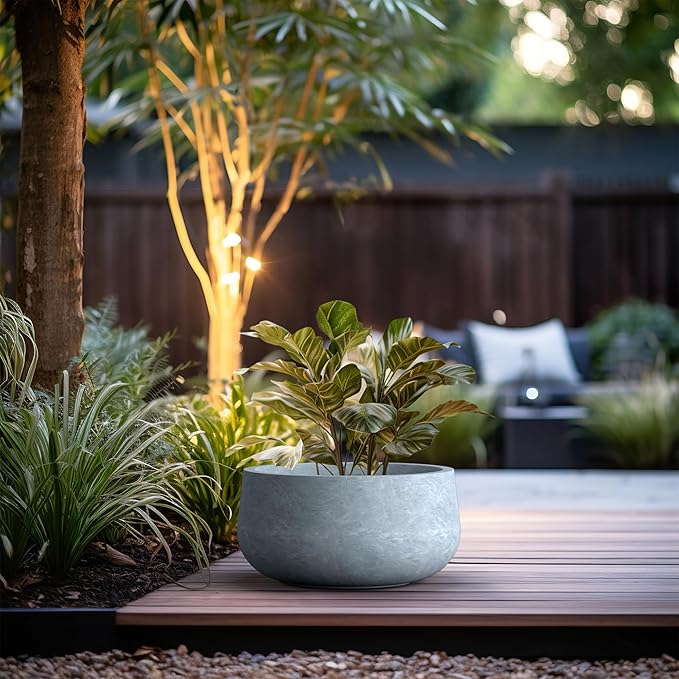 Kante 19.6" Dia Round Concrete Planter, Outdoor Indoor Garden Plant Pots with Drainage Hole and Rubber Plug, Modern Curvaceous Design, Slate Gray