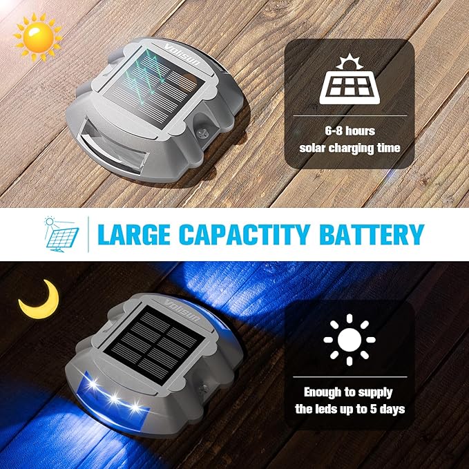 VOLISUN Solar Deck Lights Driveway Dock Lights, 8-Pack Led IP68 Waterproof Outdoor Warning Step Lights for Driveway Sidewalk Garden Pathway Yard (Blue, Auto On/Off