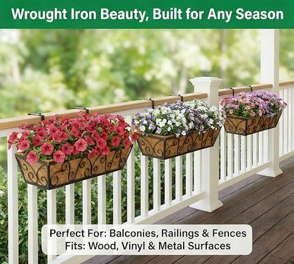Y&M 30 Inch Window Deck with Coco Liner, Fence Metal Hanging Flower Planter Window Basket Deck Railing Planter Boxes for Outdoor Garden Lawn-Butterfly, 4pcs