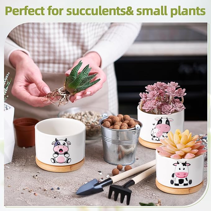 Vesici 3 Pcs Cow Gifts for Women Cow Planter Succulent Pots with Drainage and Bamboo Tray Small Ceramic Succulent Planters Animal Plant Pot for Christmas Office Home Decor Plant Lovers