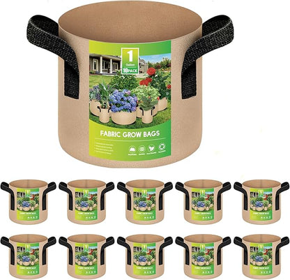 iPower 10-Pack 1 Gallon Plant Grow Bags Thickened Nonwoven Aeration Fabric Container Heavy Duty Durable Pots, Strap Handles for Garden, Tan