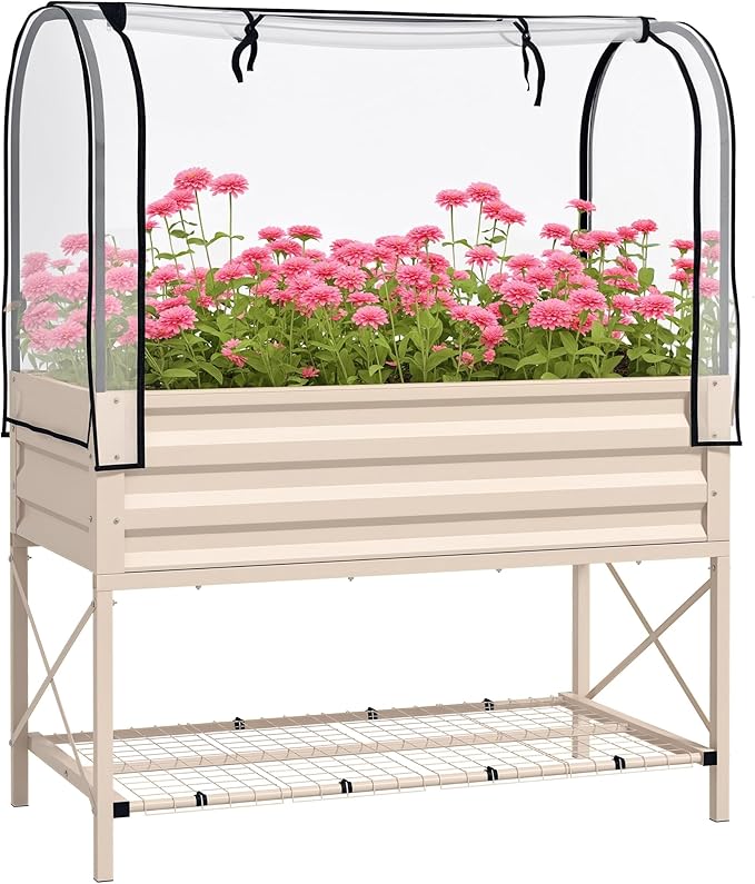 Outsunny Raised Garden Bed with Cover and Storage Shelf, Rectangular Metal Elevated Planter Box with Legs and Bed Liner for Vegetables, Flowers, Herbs, Cream