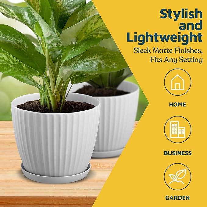 White 6-Inch Plant Pots with Drainage & Saucers 3 Pack, Indoor & Outdoor Planters for Houseplants, Herbs, and Flowers, Durable & Weatherproof Material, Stackable, Lightweight, Minimalist Design