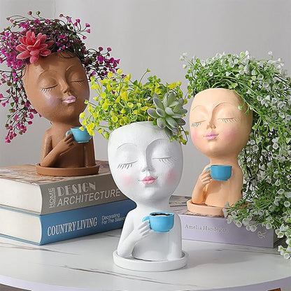 Face Flower Pot Head Planter for Indoor Outdoor, Unique Succulent Planter with Drainage Hole, Cute Lady Face Plant Pots Coffee Table Decor Gift IdeaI for Mother and Appreciation Christma